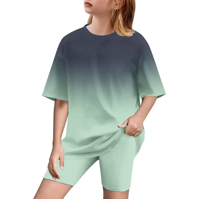Plebaso Girls Clothes Summer Gradient Color 2 Piece Short Sleeve T-Shirts Biker Shorts Sets for Kids