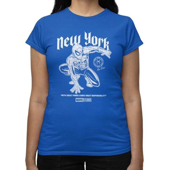 Marvel Spider-Man Brand New Day Women's Vintage New York Quote Sketch T-Shirt (Royal, S-XXL)