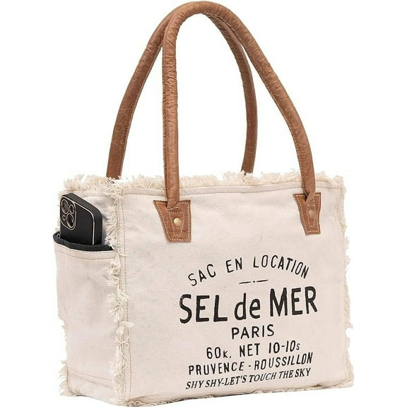Rajeriya Sel De Mer White 13 inch Canvas & Cowhide Tote/ Hobo Bags- Upcycled Radiant Leather Hand Bag