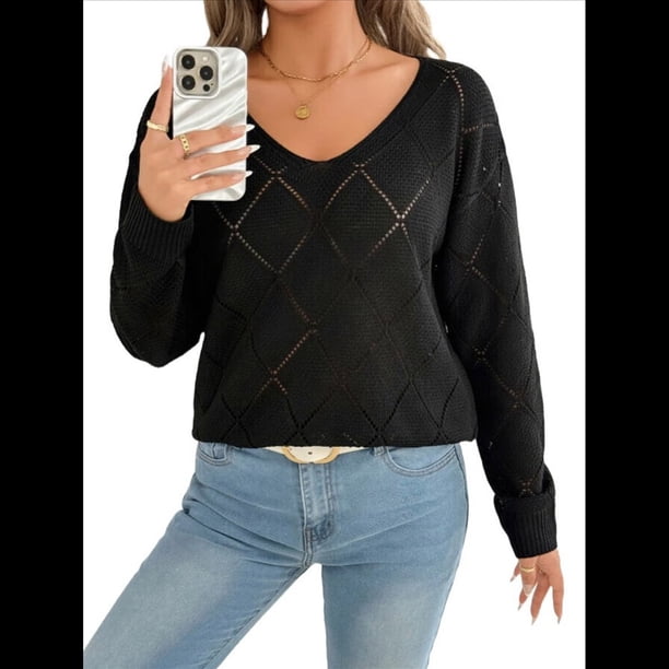 Suéter de Crochet para Mujer, Top de Larga Calada, Conjuntos de Otoño, Moda Negro L