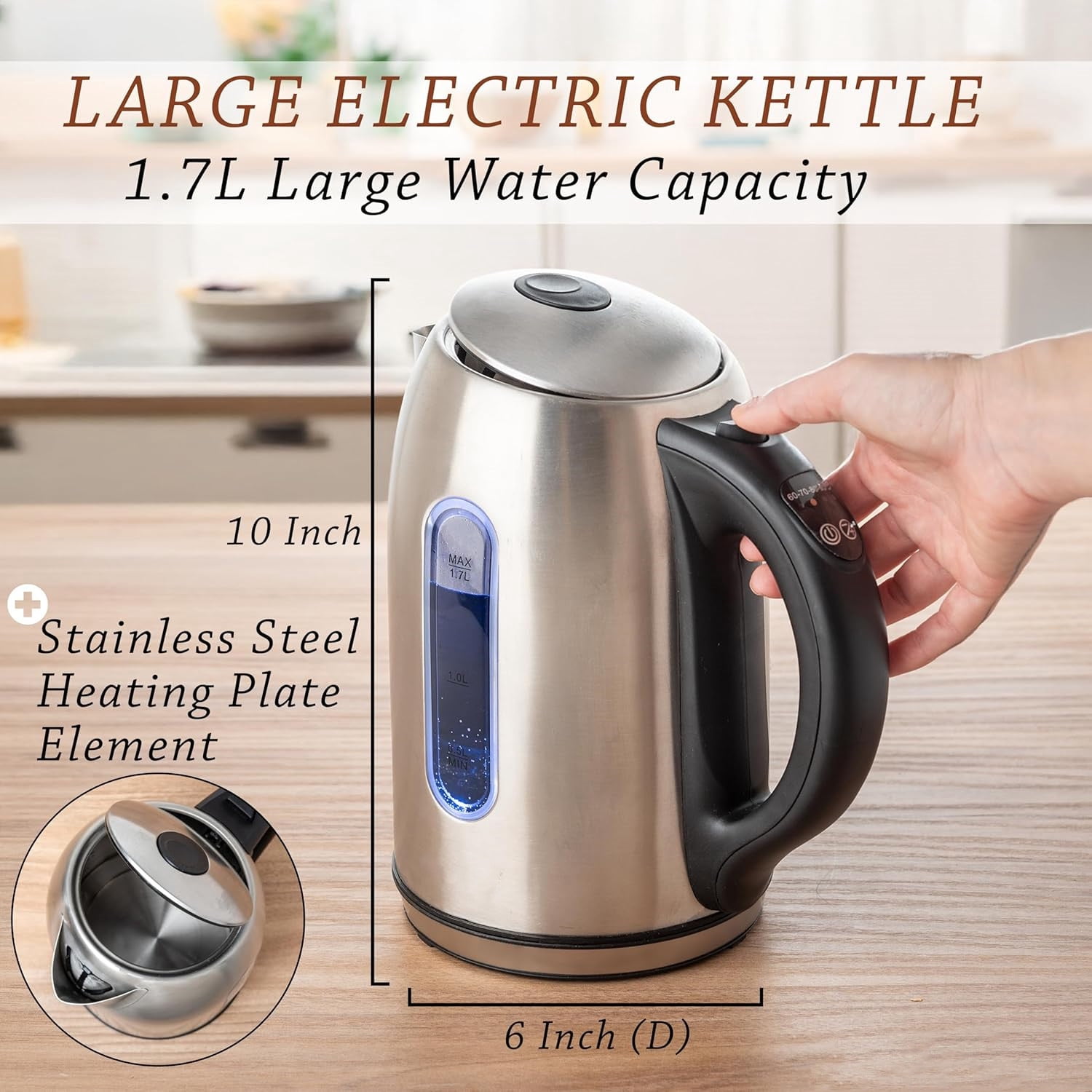 Stainless Steel Electric Kettle, Cordless 1.7L Electric Kettle Temperature Control,1500W Electric Tea Kettle with Viewing Window 2 Hr Keep Warm, Water Boiler with Auto-Off, Boil-Dry System