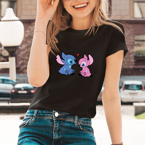 Lilo & Stitch Cartoon Pattern T-shirts Female Kawaii Harajuku Outdoor Fashion Dropship Diseny O-Neck Women T Shirts Black WhiteM Gao Jinjia LED