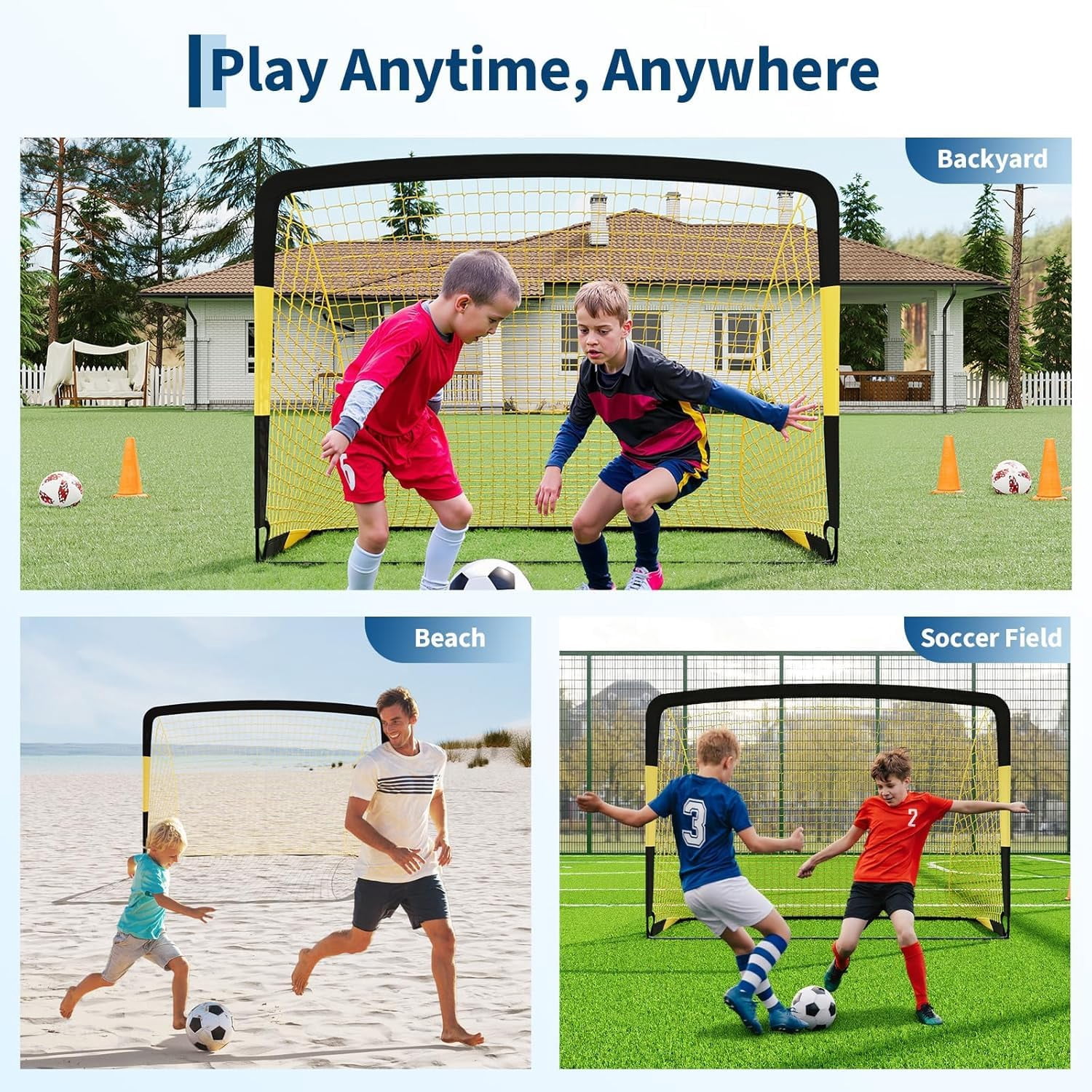 BouPower 7x5Ft / 6x4Ft / 12x6Ft Portable Soccer Goal Net, 3-in-1 Rebounder Football Training Goal with Fiberglass & Painted Steel Frame for Backyard Outdoor Practice All Ages