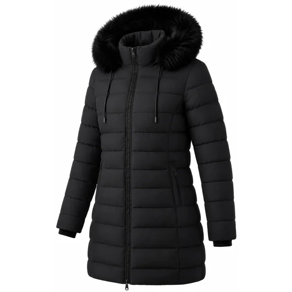 Women's Winter Coats Long Warm Thicken Puffer Jackets Outwear With Removable Faux Fur Hood, Black XL