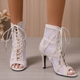 thumbnail image 2 of Rokment Womens Mesh Stiletto High Heels Dressy Sandals Ladies Spring Summer Fashion Fishnet Peep Pointed Toe Lace up Dress Pumps Ankle Booties with Back Zipper Bride Wedding White Size 8, 2 of 8