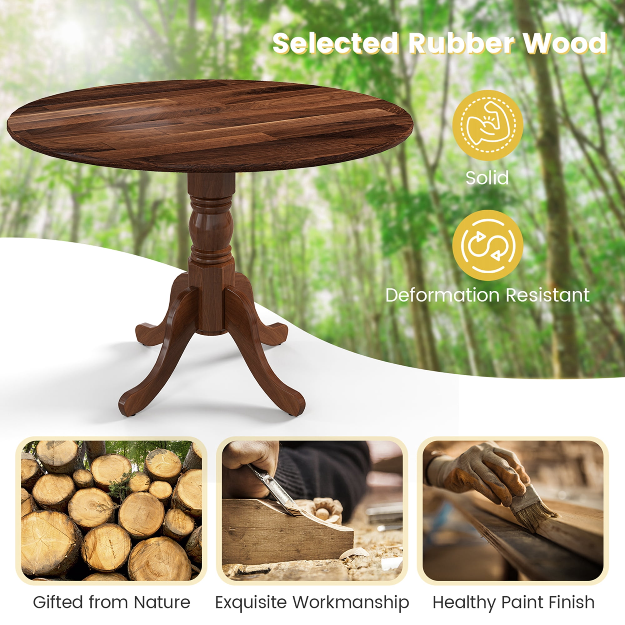 Costway Rustic Dining Table Wooden Dining Table with Round Tabletop & Curved Trestle Legs Walnut