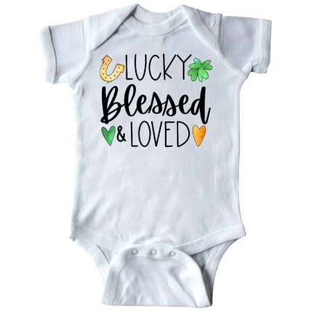 

Inktastic Lucky Blessed and Loved Horseshoe Clover Hearts Gift Baby Boy or Baby Girl Bodysuit