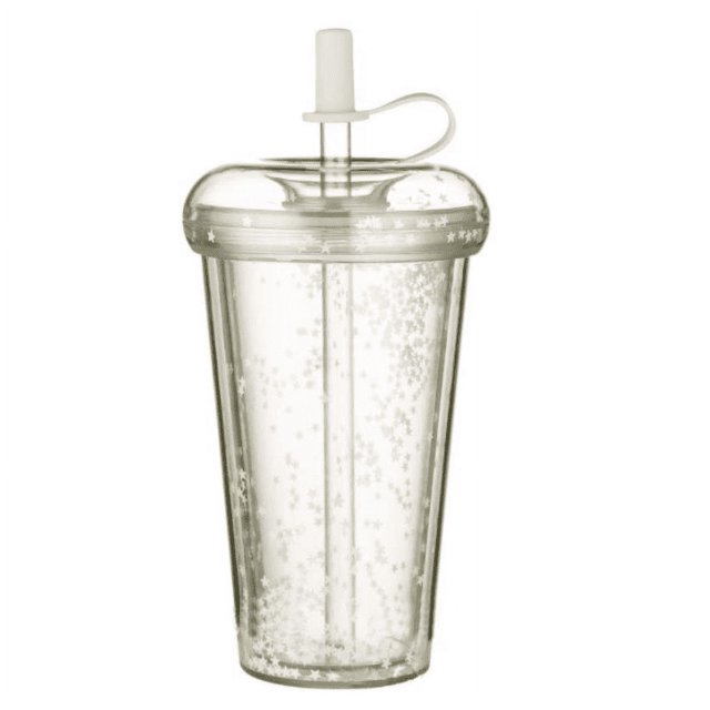 Vaso, vaso doble pajita, vaso para zumo de café, 420 ml con tapa y pajita, botella de agua reutilizable (gris)