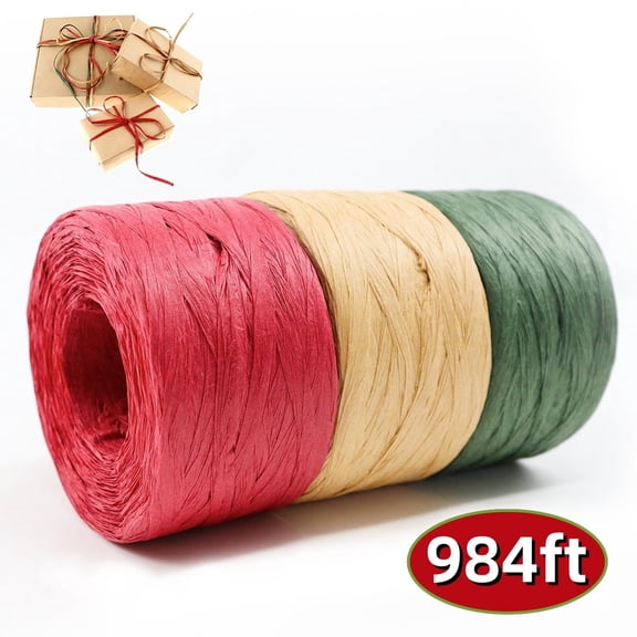 Raffia Ribbon 3 Rolls 1/4" Raffia Paper Craft Ribbon Packing Paper Twine for Christmas DIY Craft Wrapping(Red.Green.Kraftl,Each 328ft,Total 984ft)