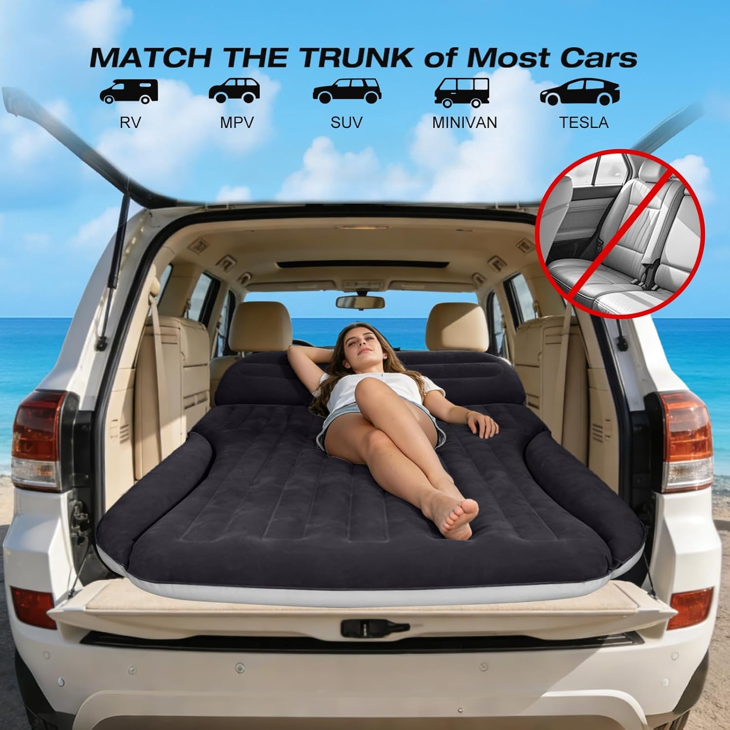Air Mattress, Double-Sided Thick Flocked Car Air Mattress with Built-in Pump & Pillow, Complete Sleeping Accessories for Auto Camping & Road Trips
