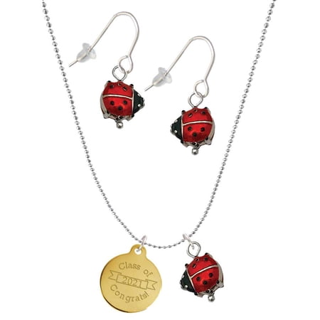 Delight Jewelry Goldtone Engraved Class of 2021 Red Lucky Ladybug Necklace and Dangle Earrings Set