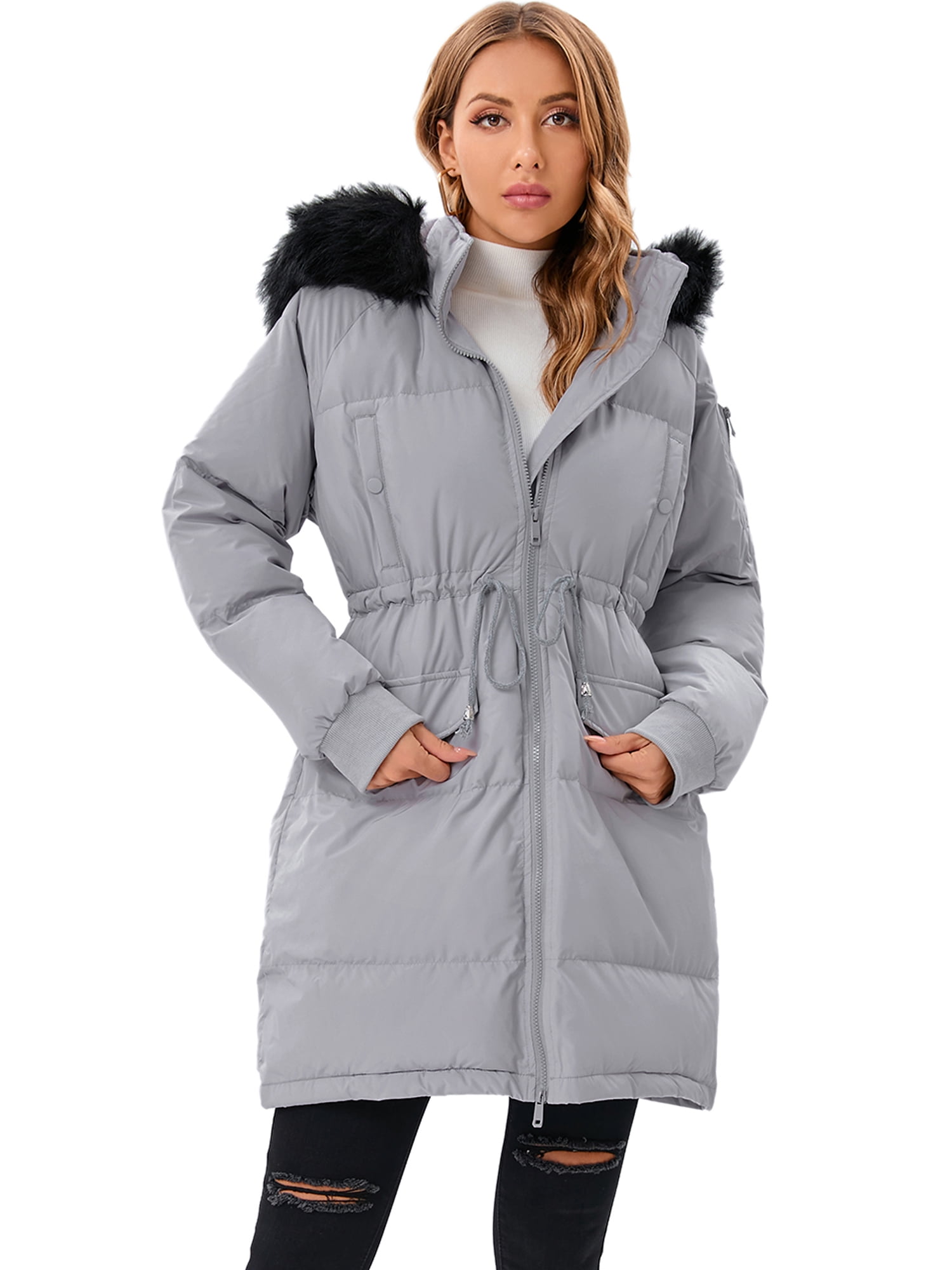 Lelinta Women's Winter Long Down Jacket Thickened Outwear Warm Puffer Fur Trim Hooded Coat Waterproof Rain Zip Parka, Black/ Camouflage, Size: Medium,