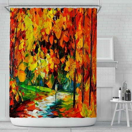 Oil Painting Shower Curtain Walking On Maple Forest Path Realistic Brush Strokes Fabric Bathroom Decor Set With Hooks 72x72 Inch Orange Red Canada Oil Painting Shower Curtain Walking On, Oil Painting Shower Curtain