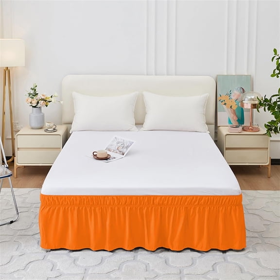 Adjustable Wrap Around Ruffled Bed Skirt, Elastic Dust Ruffles Easy Fit Wrinkle & Fade Resistant, Machine Washable, Full 16" Drop, Orange