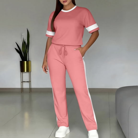 Xdegoge Tracksuits for Women Set Short Sleeve Crewneck Tops and Drawstring Pants Color Block Outfits with Pockets Casual Summer Loungewear Sets