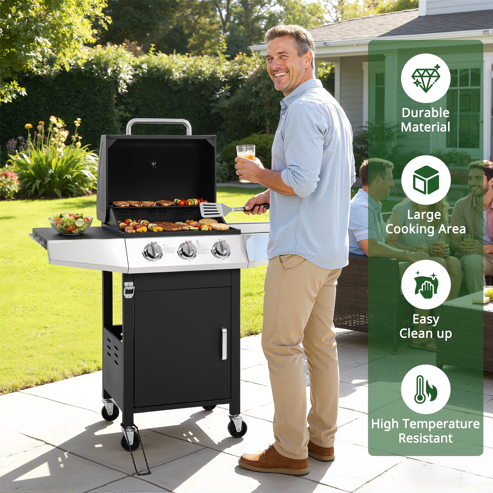 BBQ Grill, Seizeen Gas Grill with Side Burner, 40,000BTU 3-Burner Propane Grill w/Storage Cabinet, Steel Brush, Stainless Steel Camping for Backyard Patio, Portable Design on Wheels