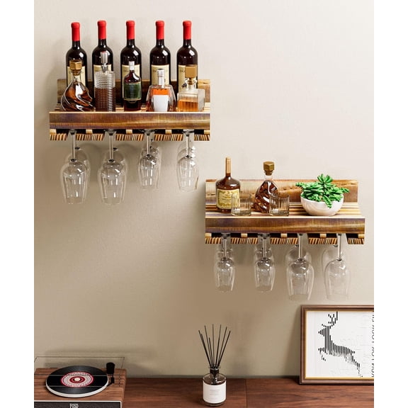 Wall Mounted Wine Rack Set, 2 Pack Pine Wood Wine Racks with Glass Holder, Rustic Farmhouse Floating Bar Shelves for Liquor Bottles & Stemware for Home Bar/Kitchen/Living Room Decor