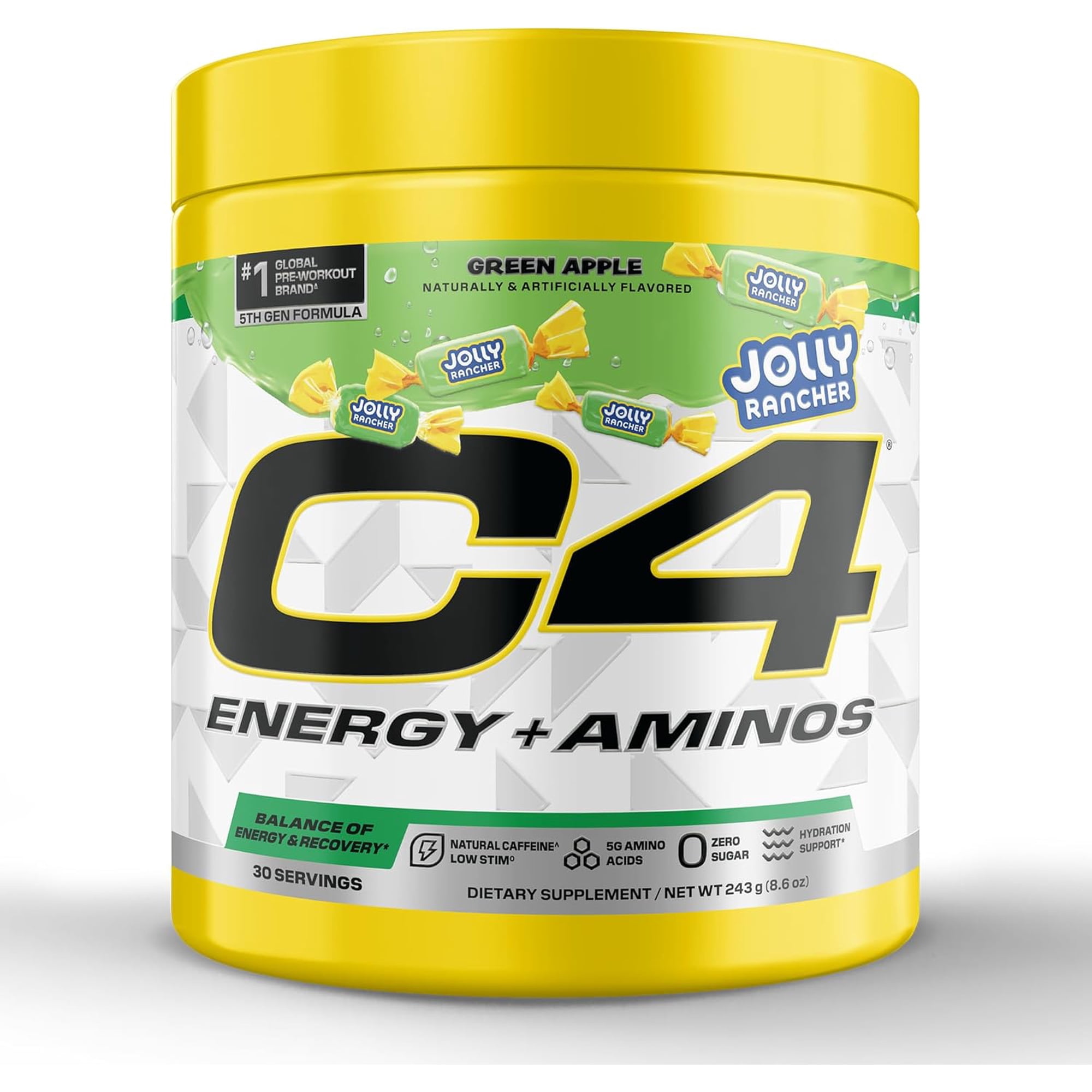 C4 Energy + Aminos Pre Workout Powder, 5g BCAAs & EAAs, Zero Sugar, Jolly Rancher Green Apple, 30 Servings