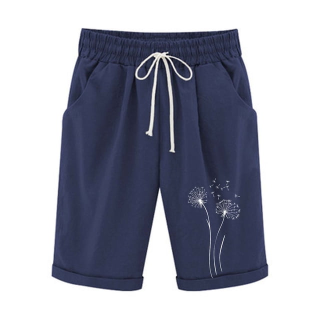 Pantalones Elásticos de la Cintura para las Mujeres Impresos Medias Pantalones Cortos, Bolsillos Casuales Poliéster para Toda la Temporada
