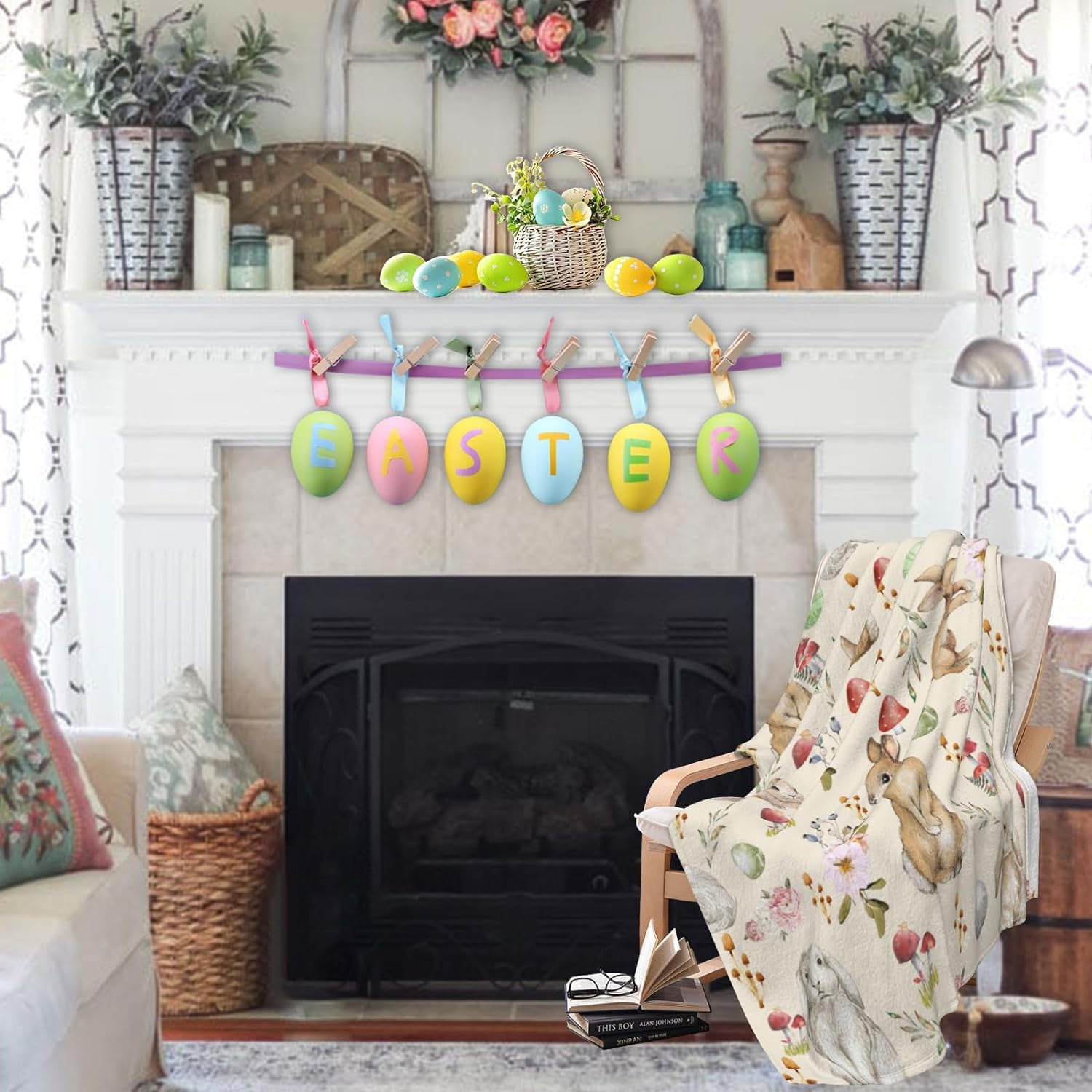 Luxury Plush Easter Blanket Cute Bunny Easter Egg Flower Leaves Throw Blanket for Couch,Lightweight Soft and Warm Throws Blankets for Sofa Bed Living Room in Spring 40"x50"