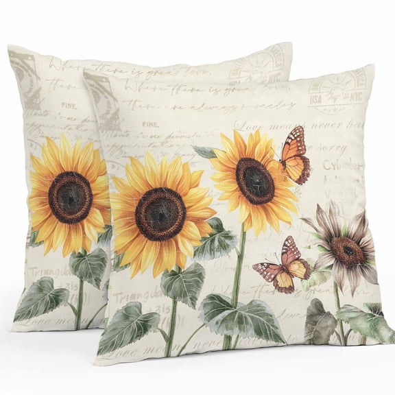 Sunflower Outdoor Pillow Covers Pack of 2 Summer Floral Bee Pastoral Style Vintage Background Waterproof Throw Pillow Covers Decorative Cushion Cases for Patio Garden Tent Balcony Couch 16x16 inch