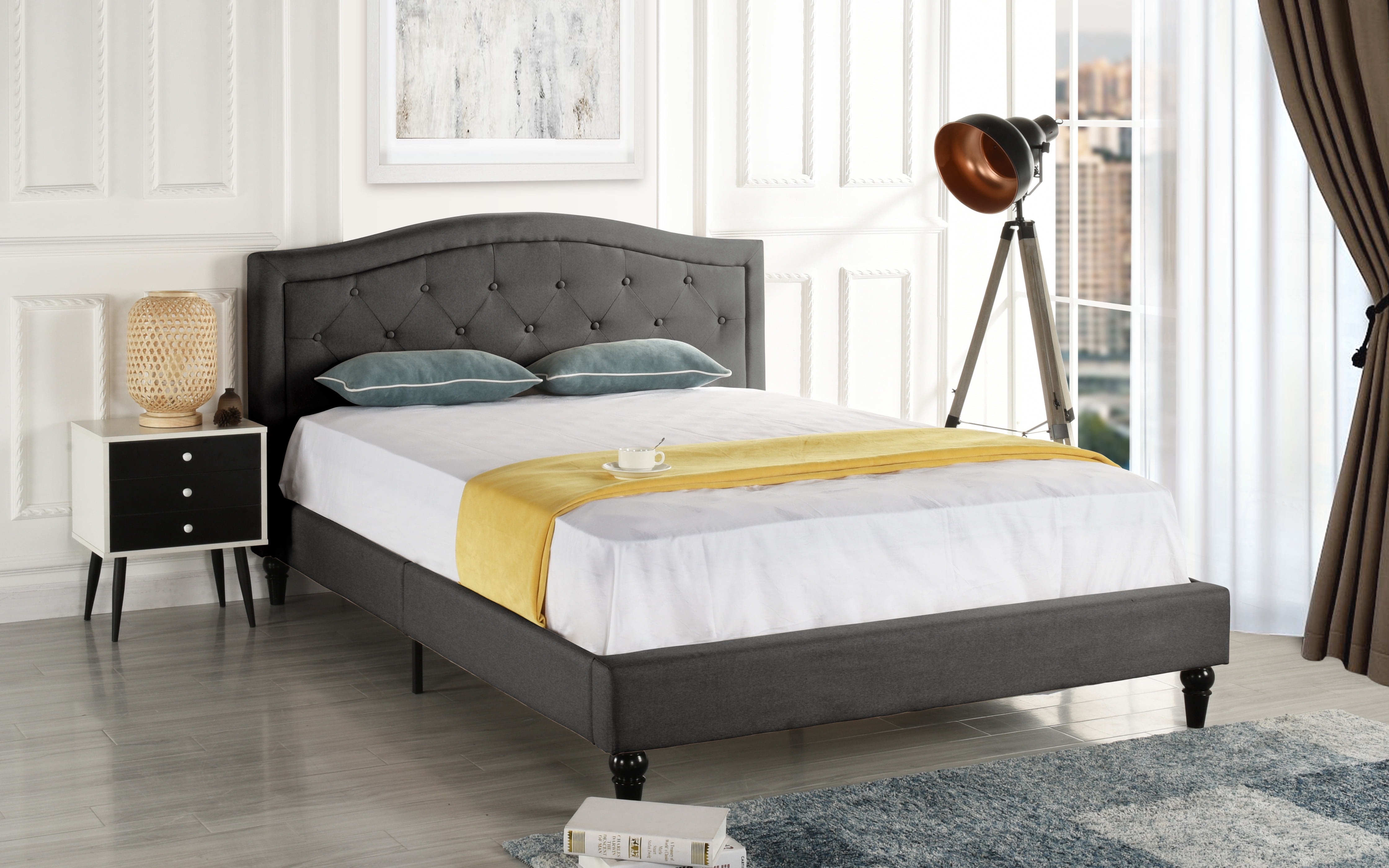 Classic Box-Tufted Fabric Bed Frame with Tall Headboard, Grey, Full