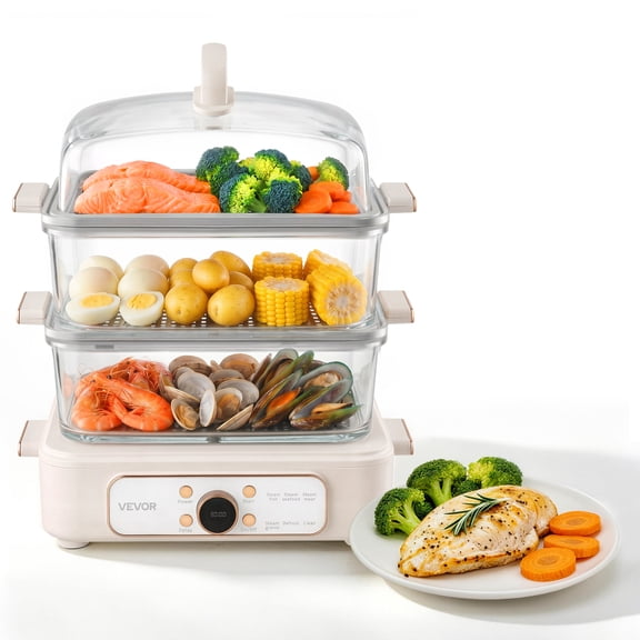 VEVOR Electric Food Steamer 10.6 QT Glass with 3-Tier Stainless Steel Trays, 1200W Vegetable Steamer for Cooking, 2-4 Servings, Pre-Programmed Settings, Delay Start,for Veggies, Seafood & Rice, White