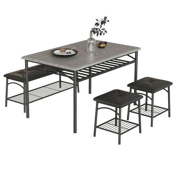 Yeshouse Juego de mesa de comedor de 4 piezas que ahorra espacio: metal y madera resistentes, banco y taburetes tapizados, estante de almacenamiento y cojines de poliuretano