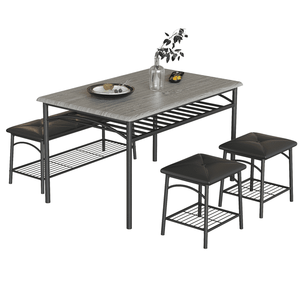 Yeshouse Juego de mesa de comedor de 4 piezas que ahorra espacio: metal y madera resistentes, banco y taburetes tapizados, estante de almacenamiento y cojines de poliuretano