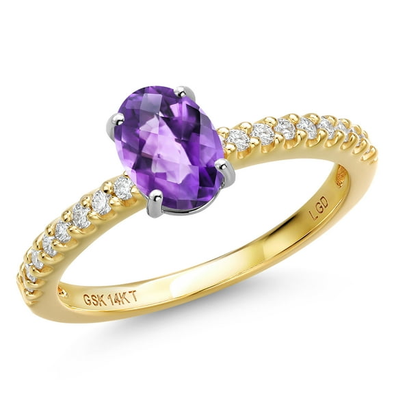 Gem Stone King 14K Two Tone Gold Purple Amethyst and Lab Grown Diamond Engagement Ring for Women | 0.91 Cttw | Oval Checkerboard 7X5MM | Gemstone February Birthstone | Size 6