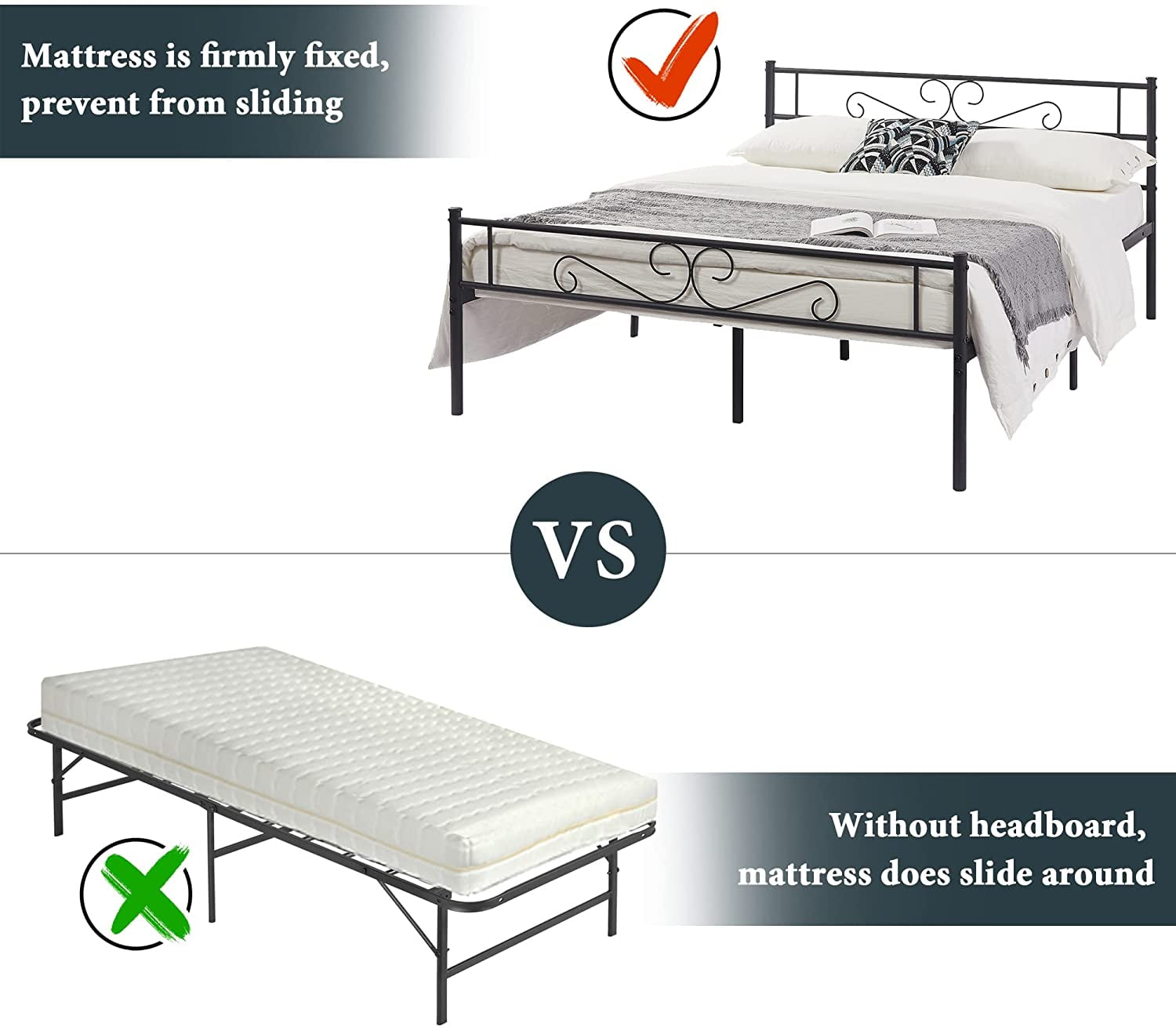VECELO Queen Size Metal Platform Bed Frame with Headboard and Footboard, No Box Spring Needed/Strong Slat Support, Under Bed Storage, Black