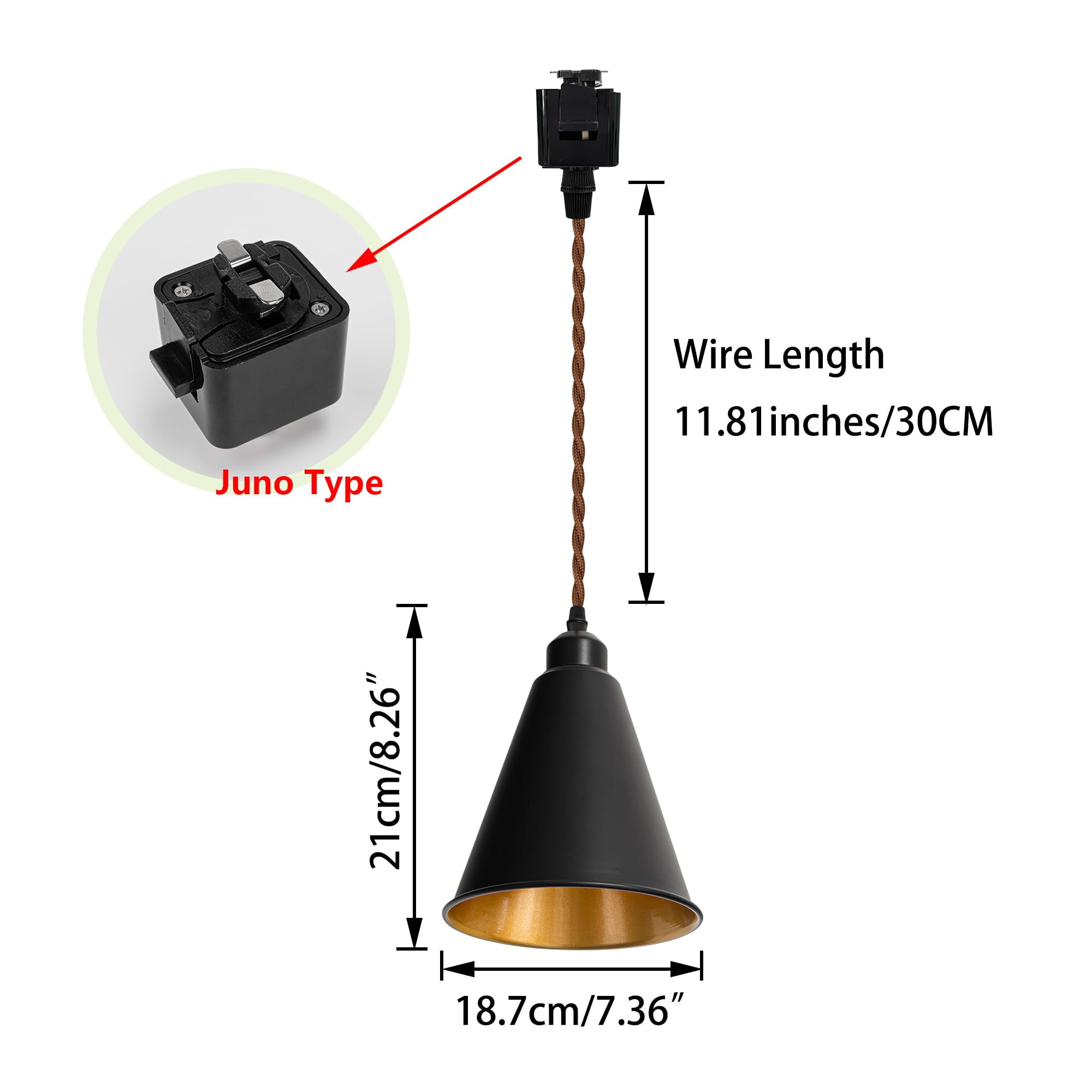 KAYYELAMP Black Metal Cone Shade Inner Gold Track Lighting J-Type 11.8 Inches Brown Twisted Cord Vintage Remote RGB Warm Light Track Lamp for Kitchen Dining Table Loft