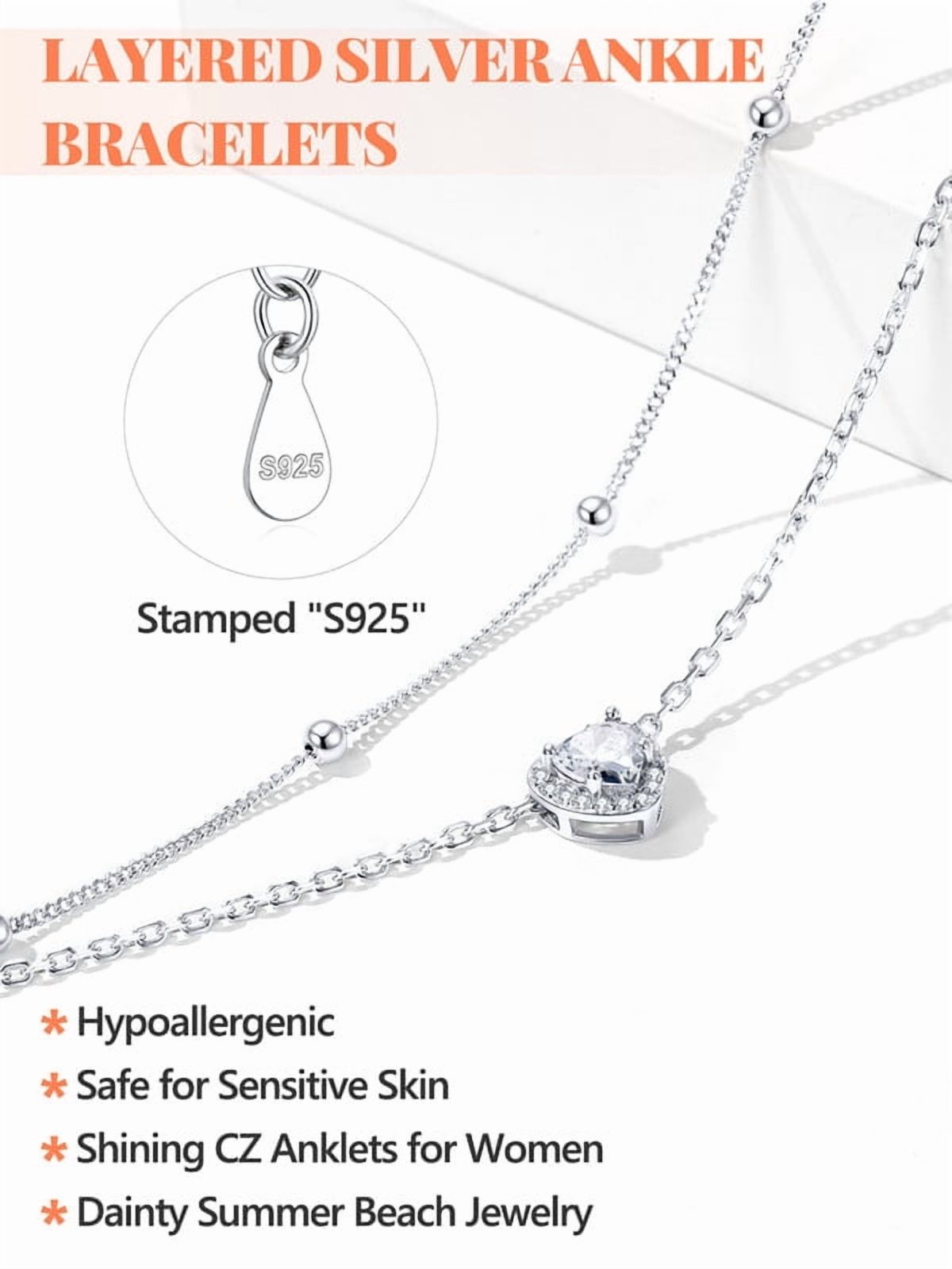 Silvora Women's Birthstone Ankle Bracelets 925 Sterling Silver Layeded Anklets Dainty Beaded Chain Heart Gemstone Jewelry Gifts for Birthday,Mothers Day,Holiday, April