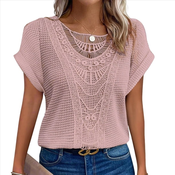 Suéter de Verano para Mujer, Cuello Redondo, Informal, Tejido A Crochet, Camiseta de Corta con Encaje y Costuras Huecas. Rosa XL