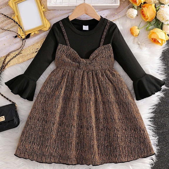 Girls Dresses Puff Long Sleeves A-Line Dress for Party Wedding Guest Brown 5-6 Years