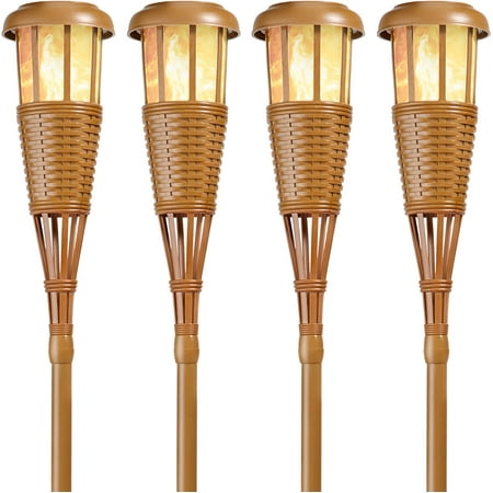 Solar Flickering LED Island Torches  Dusk-to-Dawn Dancing Flame Outdoor Landscape Lighting  Bamboo Finish  4-Pack