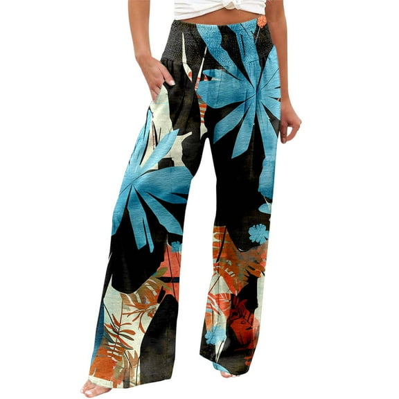 Fiaer,Womens Oversized Elastic Waist Palazzo Pants,Women's Loose Fit Printed Lounge Trousers,Ladies Casual Trendy Comfy Breathable Going out Daily Slacks with Pockets Blue XL