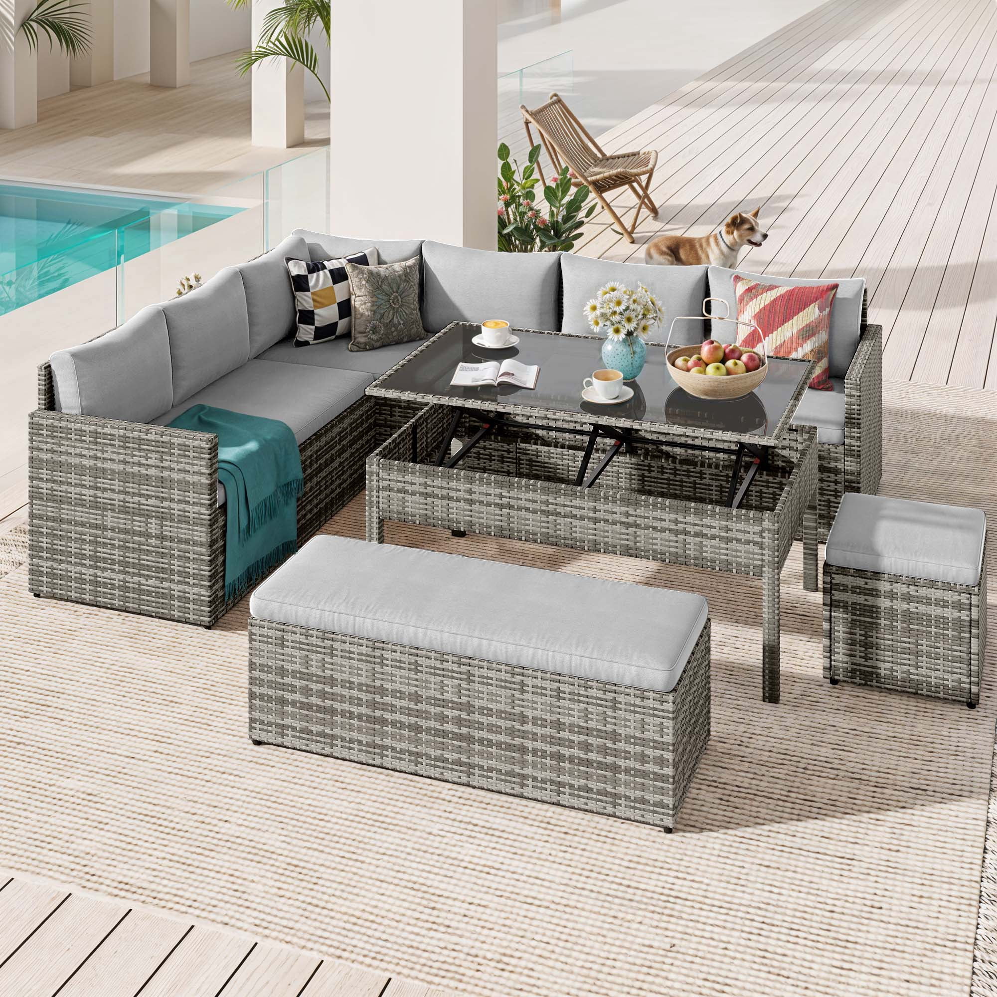 Dextrus Patio Wicker Furniture Set, 6-Piece Outdoor Sectional Sofa with Stools and Lift-Top Coffee Table, All-Weather Conversation Set for Garden, Backyard, Gray