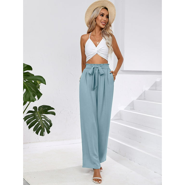 Chiclily Women's Wide Leg Pants with Pockets Lightweight High Waisted  Adjustable Tie Knot Loose Trousers Flowy Summer Beach Lounge Pants, US Size  Large in Blue Gray 