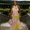 thumbnail image 5 of Women's Floral Print Buttons Halter Turtleneck Sleeveless Hips Wrapped Bodycon Long Dress, 5 of 18