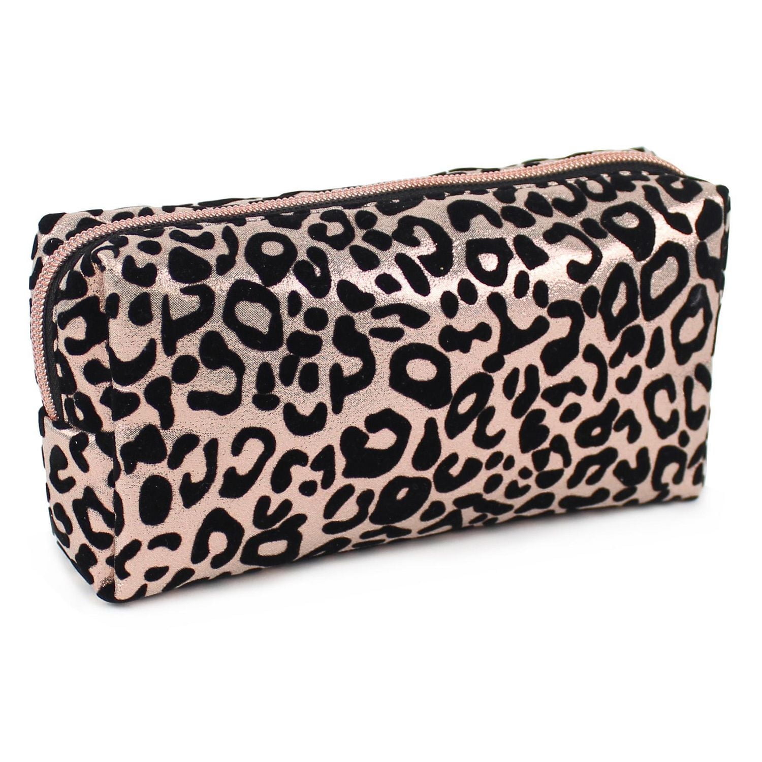 Pen + Gear Flock Leopard Print Pencil Pouch in Black on Metallic Rose Gold