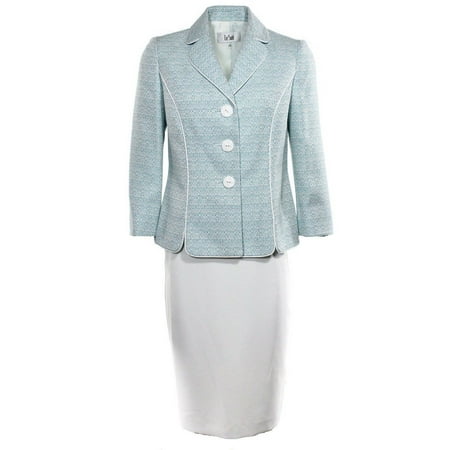 New [1923]Le Suit Teal White Women's Petite Three-Button Skirt Suit set 12P $200