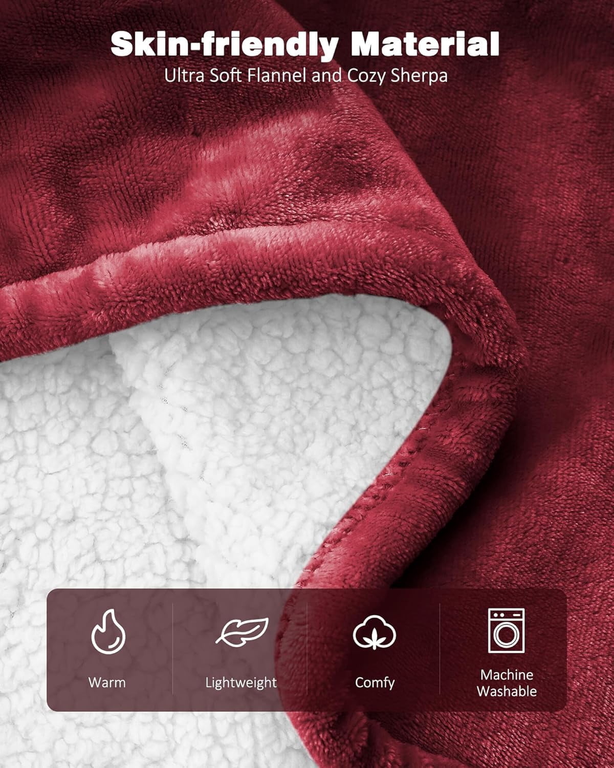 Ocuuziisu Electric Heated Blanket Throw Blanket 50" x 60" Flannel and Sherpa Electric Blanket with Buttons, 9 Heating Levels, Auto-off, Machine Washable, Red
