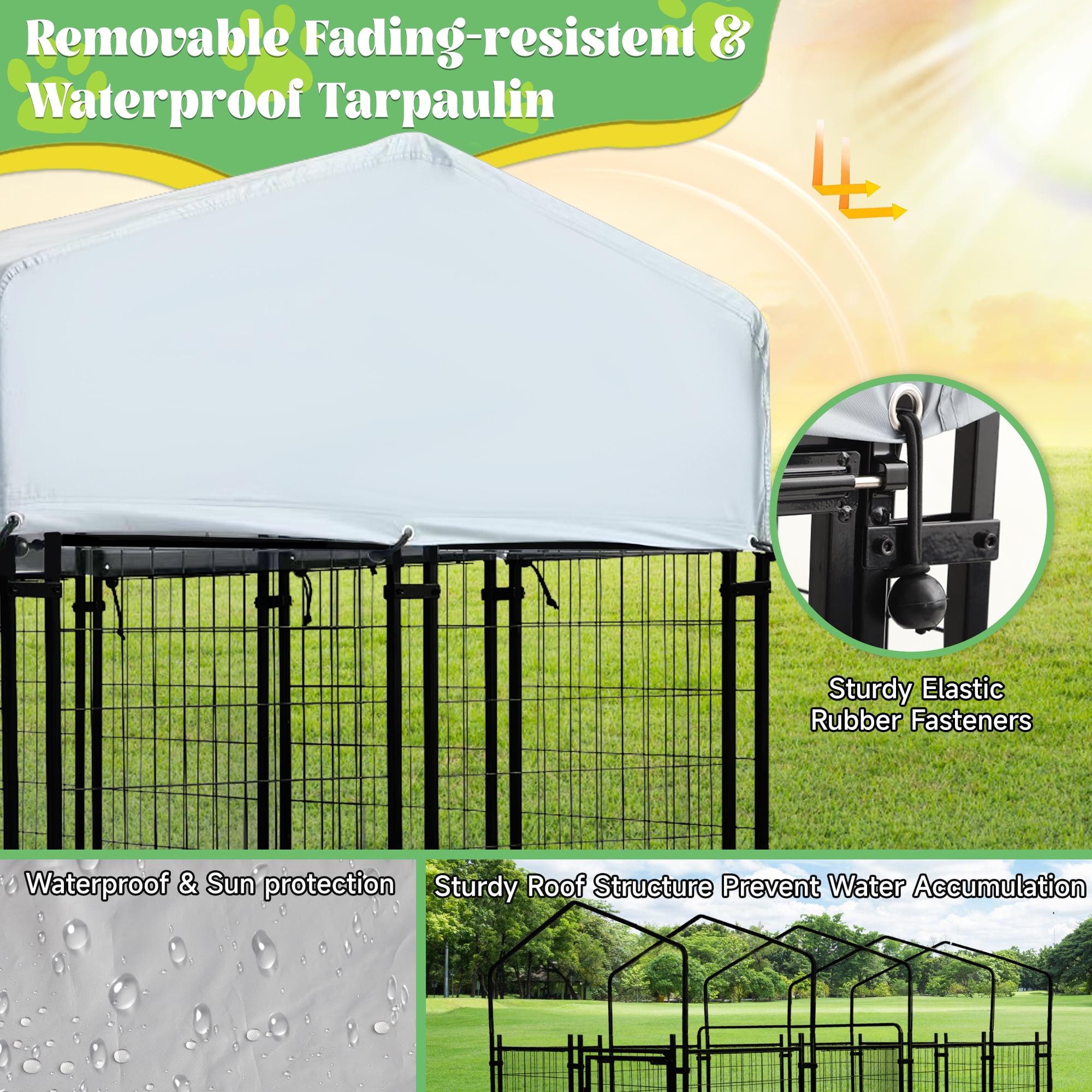 Haverchair Large Outdoor Dog Kennel, Heavy Duty Welded Wire Steel Dog Enclosure Playpen Crate with Waterproof UV-Resistant Roof Cover, Double Lock Dog Kennels Fence with Rotating Feeding Door Bowls