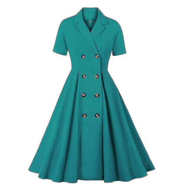 Vestido de solapa de manga corta vintage elegante para mujer Vestidos Hepburn de doble botonadura -c