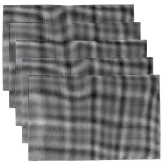 A piece of white plastic mesh with small square meshes on the gray  background.