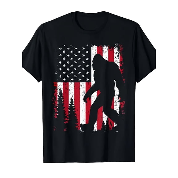 Bigfoot Sasquatch American Flag T-Shirt Vintage Patriotic USA Graphic Tee Retro Distressed Outdoors Hiking Camping Apparel for Men and Women
