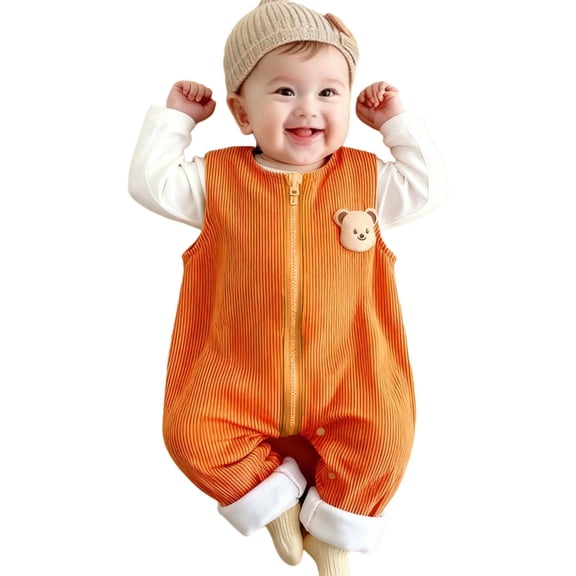 Favoffer Infant Baby Boy Girls Fleece-Lined Jumpsuit Sleeveless Full-Zip Romper One Piece Strap Overalls Smocked Clothes 0-3Y