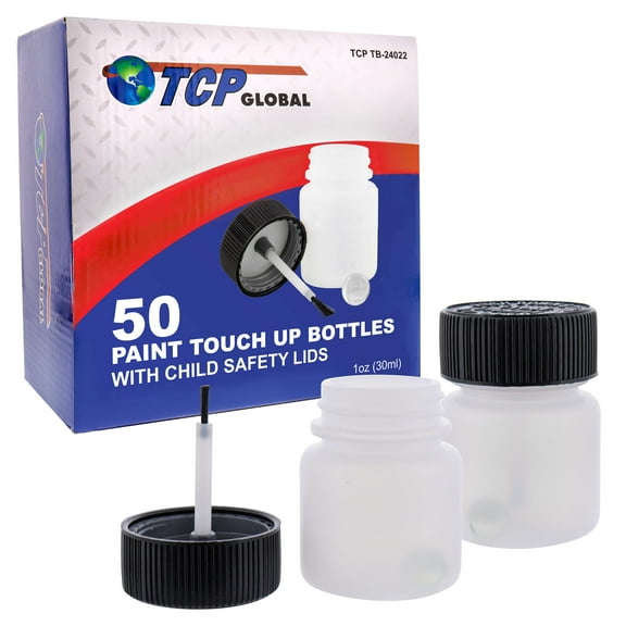 TCP Global Paint Touch Up Bottles with Child Safety Lids (Box of 50) - 1 Ounce (30ml) Fluid Capacity, Mixing Ball, Touch-Up Applicator Brush - Fix Paint Chips, Scratches, Stone Chips, Auto Car Damage
