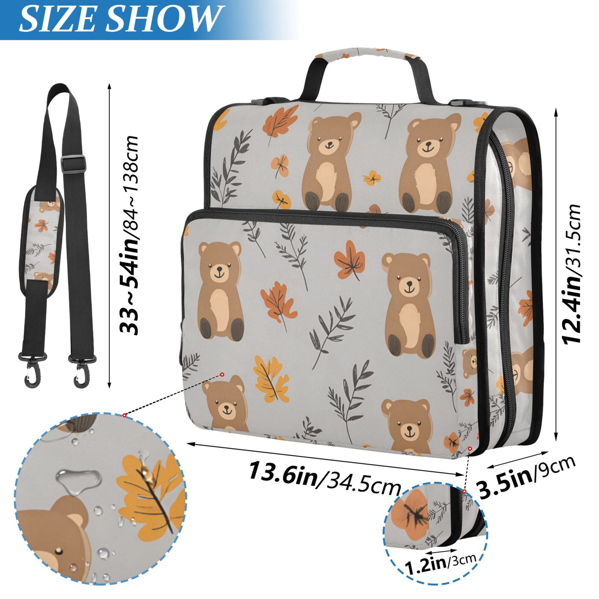 FORMRS Zipper Binder with Shoulder Strap 2-inch Ring 500 Sheet Capacity File Bag, Brown Cartoon Bears